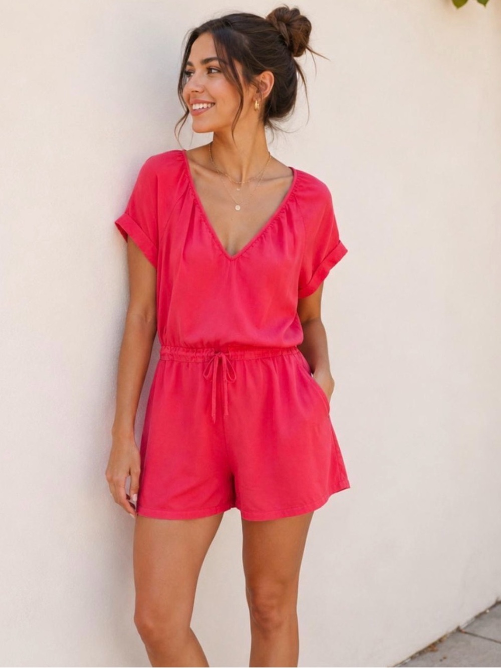 Linen Blend Coral Pink Romper